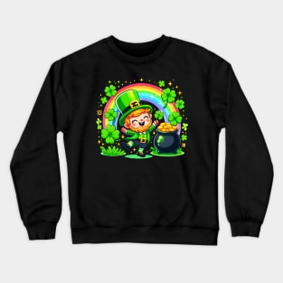 A cute Irish Lad dancing an Irish jig celebrates St Patrick's Day with a rainbow pot of gold and shamrocks Irish Pride Irish American four leaf clovers Irish dance Crewneck Sweatshirt